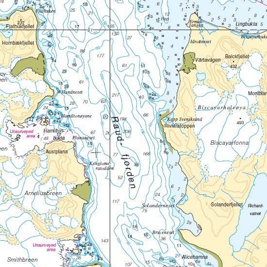 Utsnitt fr&aring; sj&oslash;kart som viser omr&aring;det Raudfjorden p&aring; Svalbard.