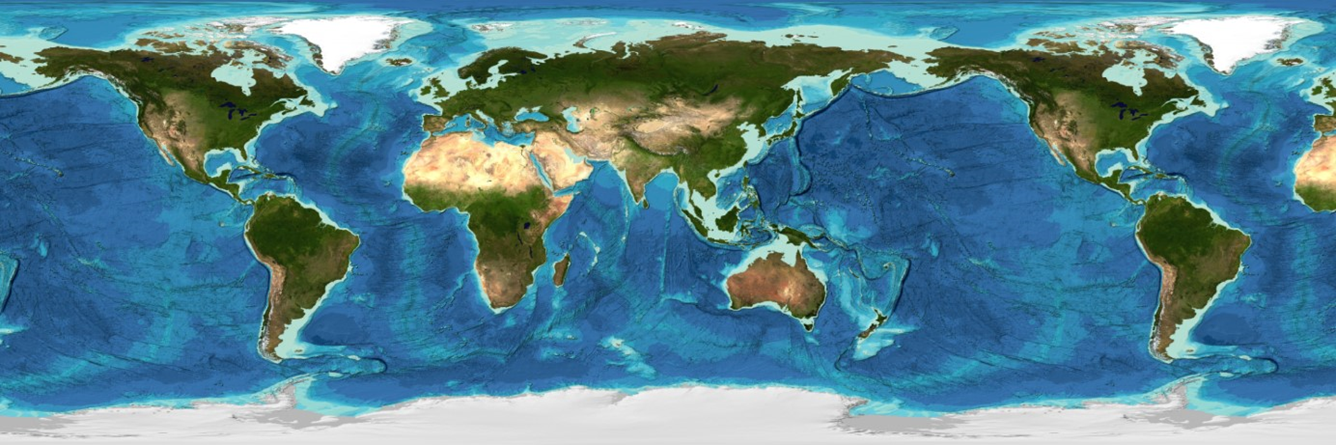 3D terrengmodell av verdens hav basert på GEBCO datasett fra 2019. Illustrasjon: GEBCO