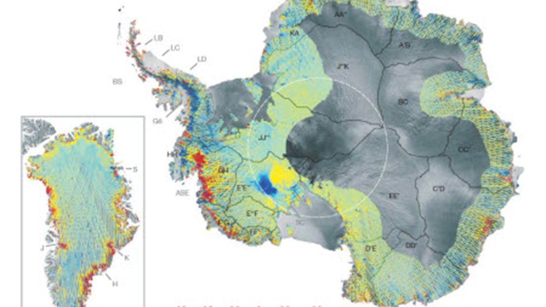 Surface elevation changes for Antarctica and Greenland over the period 2003–2007. Borrowed from Pritchard et al. (2009). Illustration.