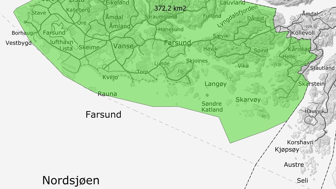 Kartutsnitt som viser prosjektområdet for LACHAG33 Agder vest