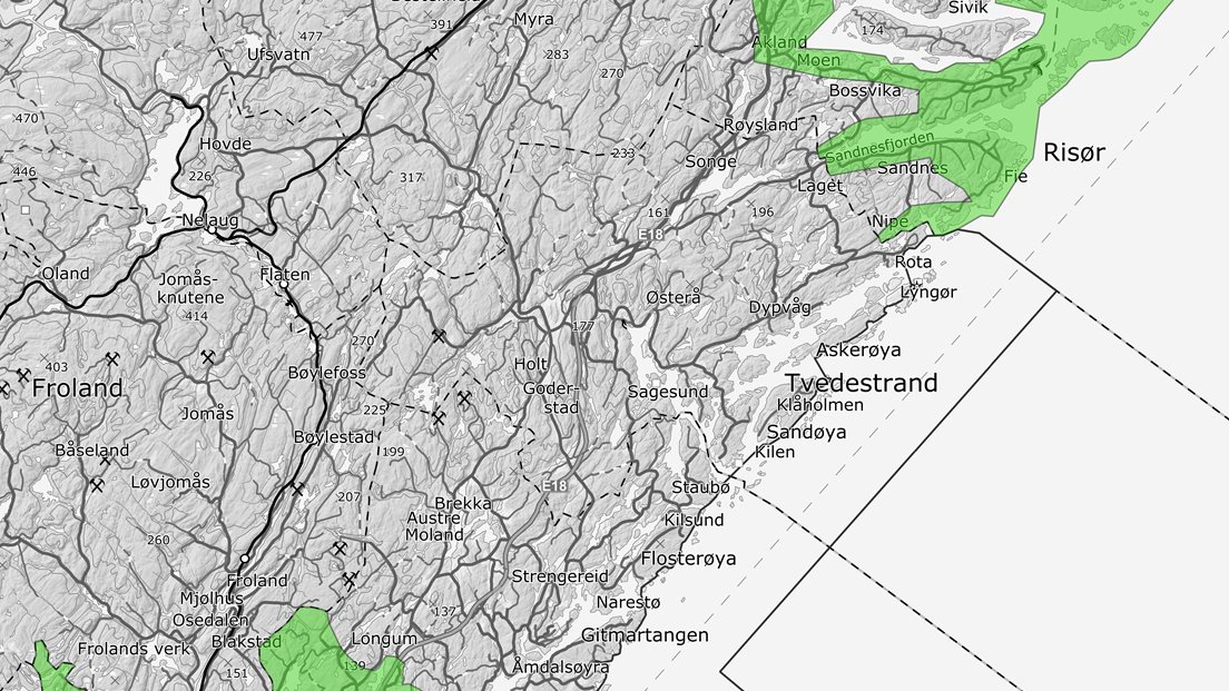Kartutsnitt som viser prosjektområdet for LACHAG34 Agder øst