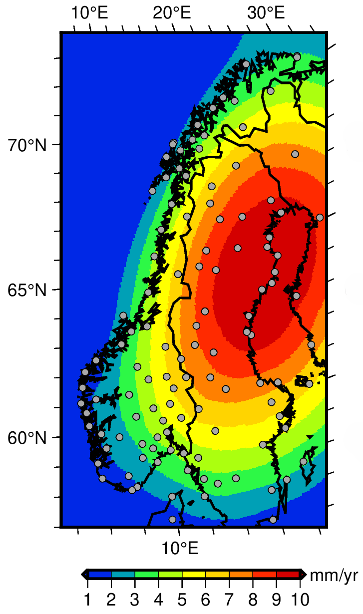 Kart som viser vertikal landbevegelse basert på den semi-empiriske NKG2016LU_abs-modellen (Vestøl et al., 2019). Grå prikker viser det permanente GNSS-nettverket (Kierulf et al., 2021).