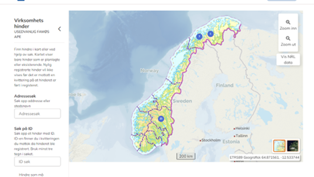 Skjermdump av webklient for Nasjonalt register over luftfartshindre (NRL)