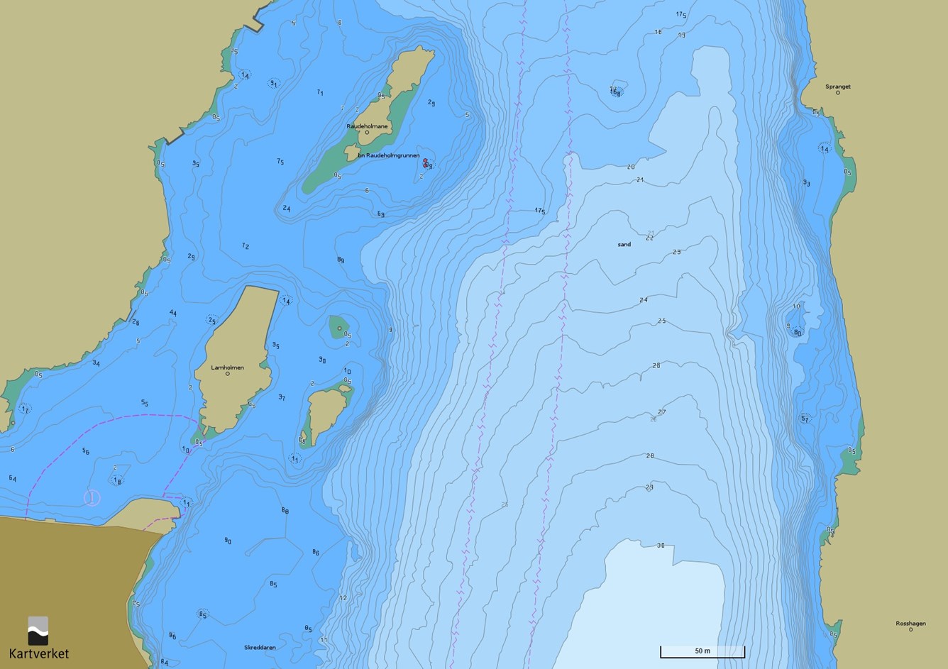 Utsnitt fra offisielt elektronisk sjøkart (ENC) fra innseilingen til Egersund havn.