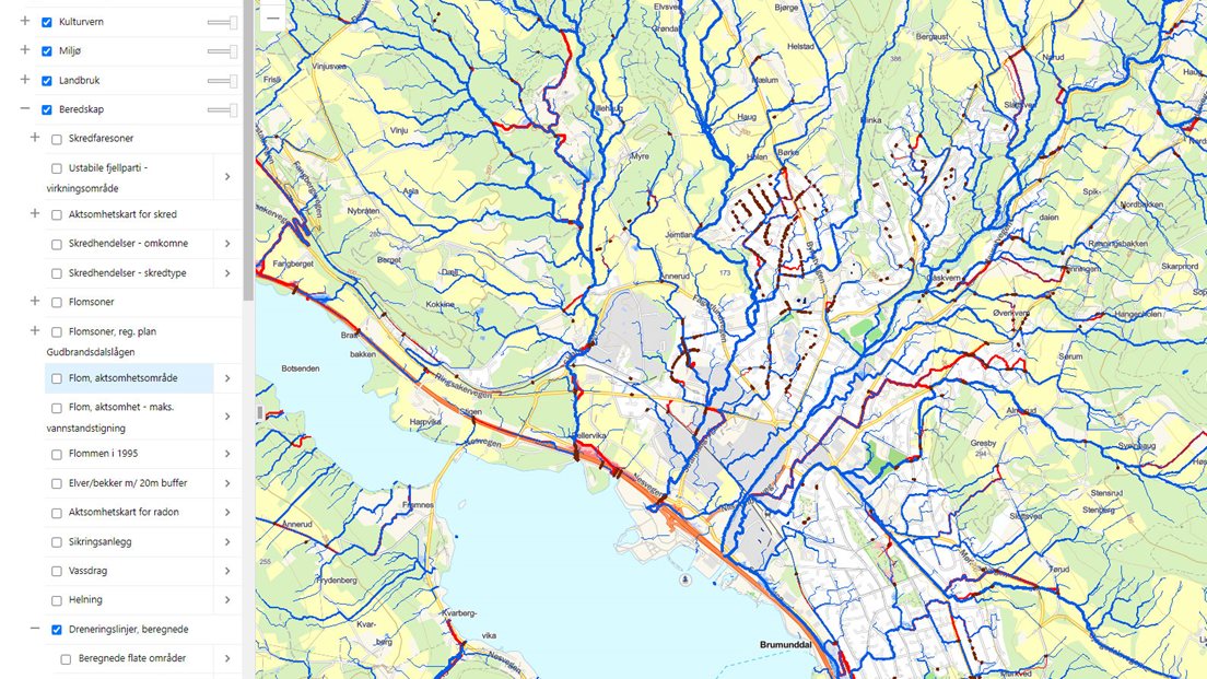 Kart med innsynslosning for dreneringslinjer