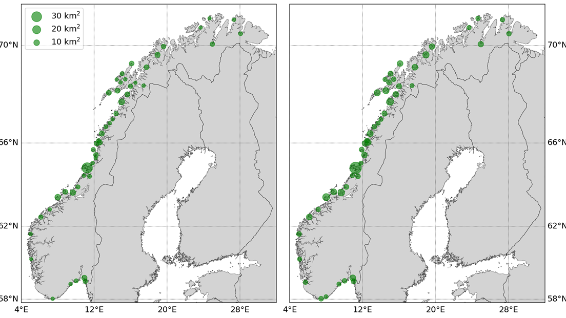 Norgeskart som viser de 50 kommunene med størst areal utsatt ved 200-års stormflo dersom denne inntreffer med dagens havnivå (venstre) og med havnivå framskrevet til 2090 (høyre).