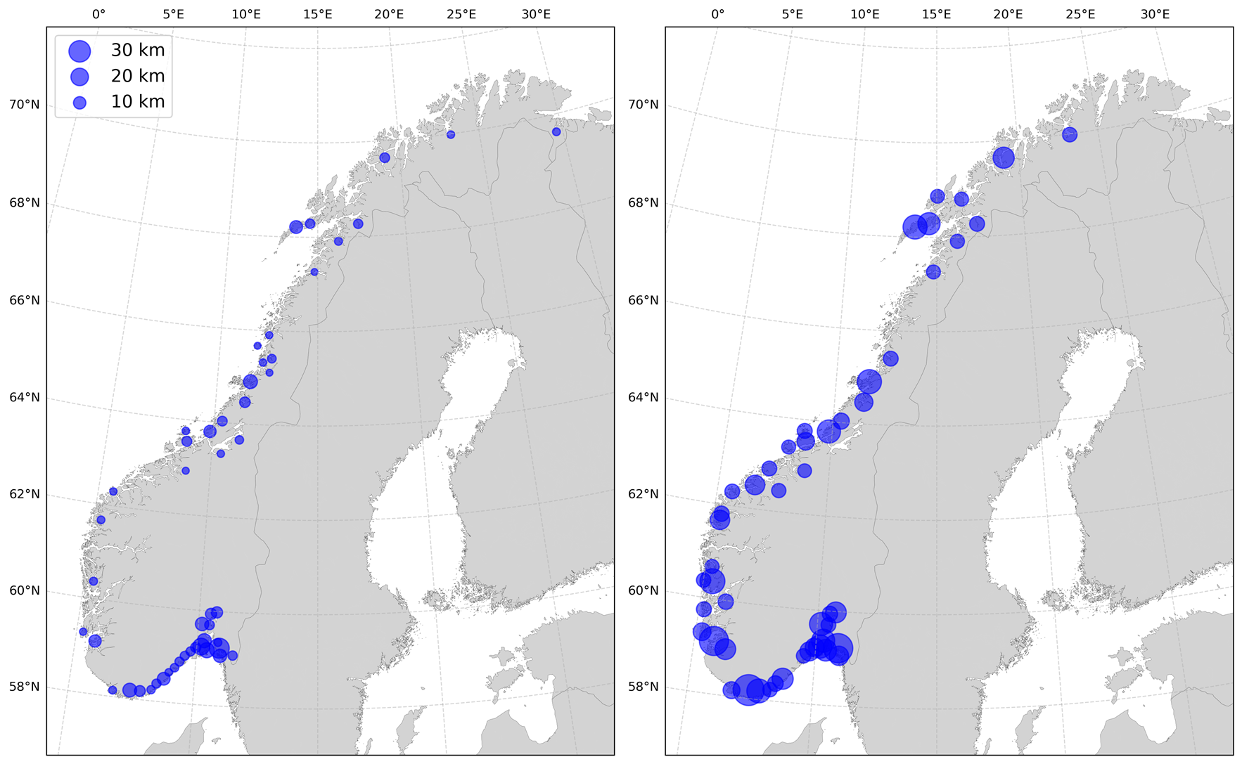 Norgeskart med mark&oslash;rer i ulik st&oslash;rrelse som representerer de 50 kommunene i Norge med flest kilometer utsatt vei ved 200-&aring;rs stormflo dersom denne inntreffer med dagens havniv&aring; og med havniv&aring; framskrevet til 2100. Det er ytterst i Oslofjorden, p&aring; S&oslash;rlandet, i Tr&oslash;ndelag og Nordland flest kilometer vei er utsatt. Kartene viser en betydelig &oslash;kning i antall kilometer ber&oslash;rt vei fram mot 2100 i de kommunene som allerede har mye utsatt vei.