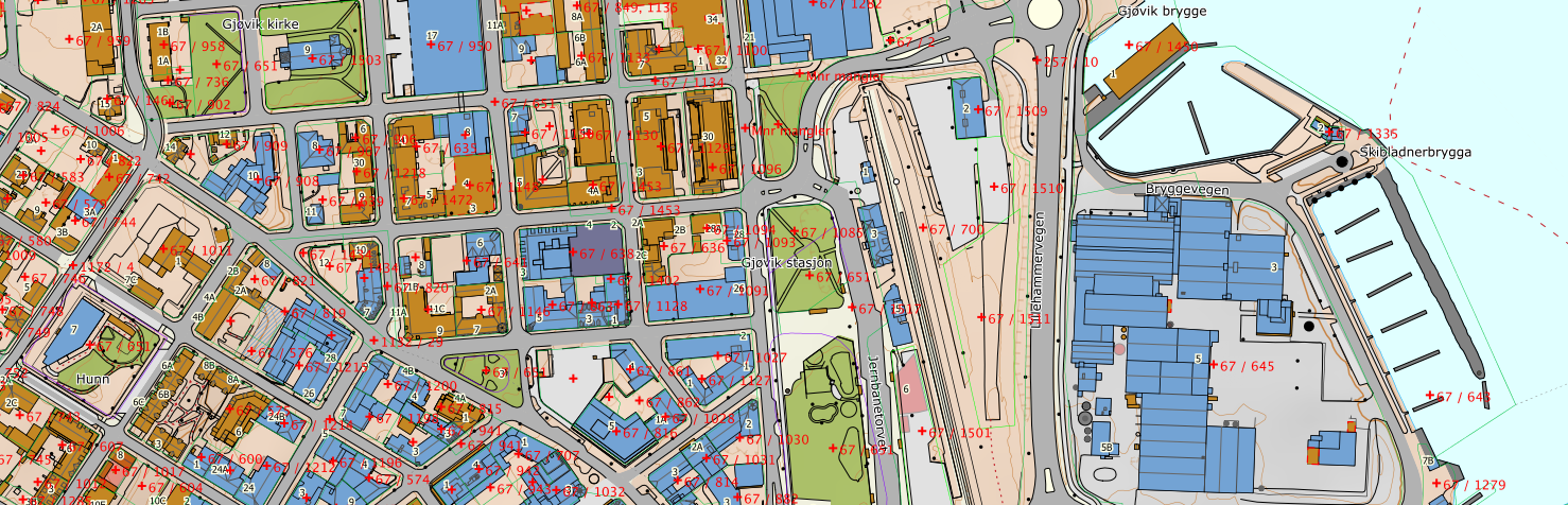 Kart over Gjøvik sentrum med informasjon fra matrikkel
