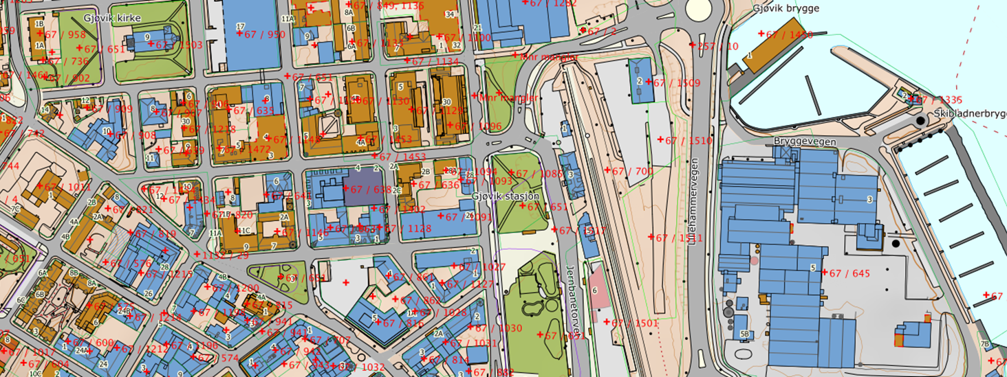 Kart over Gjøvik sentrum med informasjon fra matrikkel