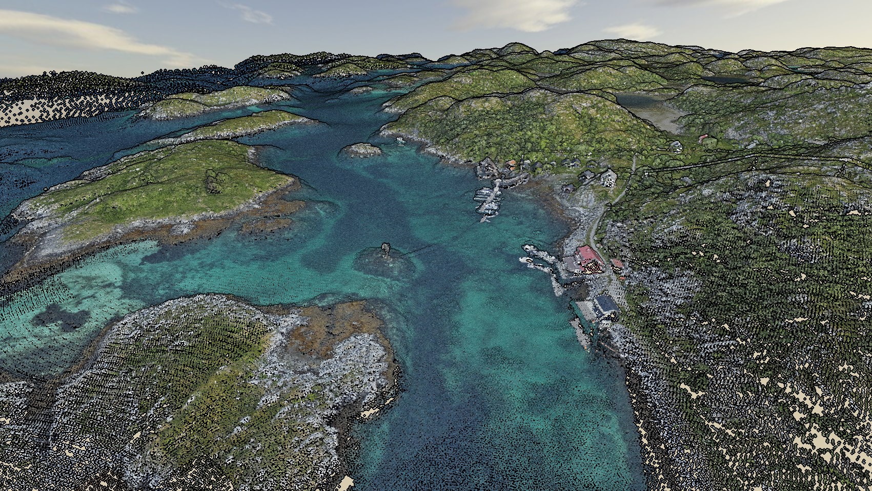 Punktsky av Bliksvær med hurtigbåtkaia i forgrunnen. Kilde: Kartverket