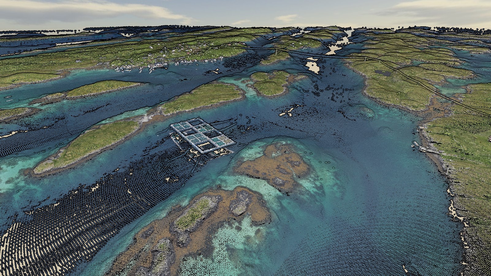Punktsky av Helligvær med infrastruktur som oppdrettsanlegg med fortøyning, luftspenn og bygninger i bakgrunnen. Kilde: Kartverket