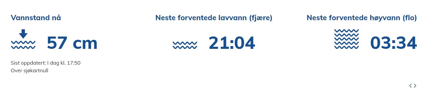 Søkeresultat fra Se havnivå som vannstand nå, neste forventede lavvann (fjære) og neste forvendte høyvann (flo). Skjermdump