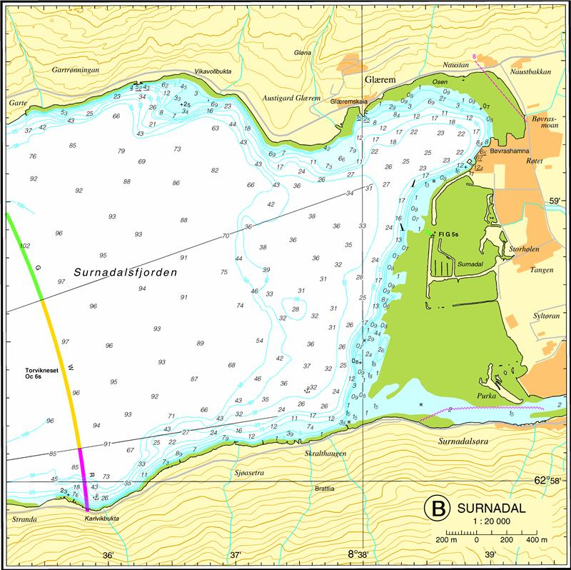 Utsnitt fra sj&oslash;kart viser omr&aring;de i Surnadalsfjorden.