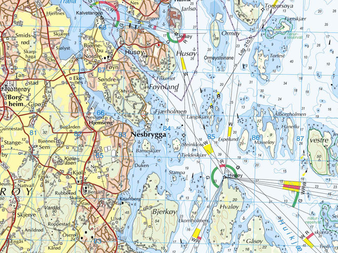 Kartusnitt som visar landkart med sjøinnhald - detaljar frå sjøkart.