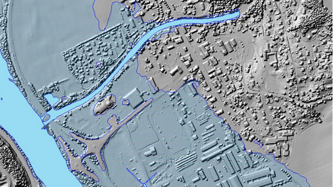 Bilde fra Nasjonal detaljert høydemodell (NDH) som viser flomsonekart for bebygd strøk