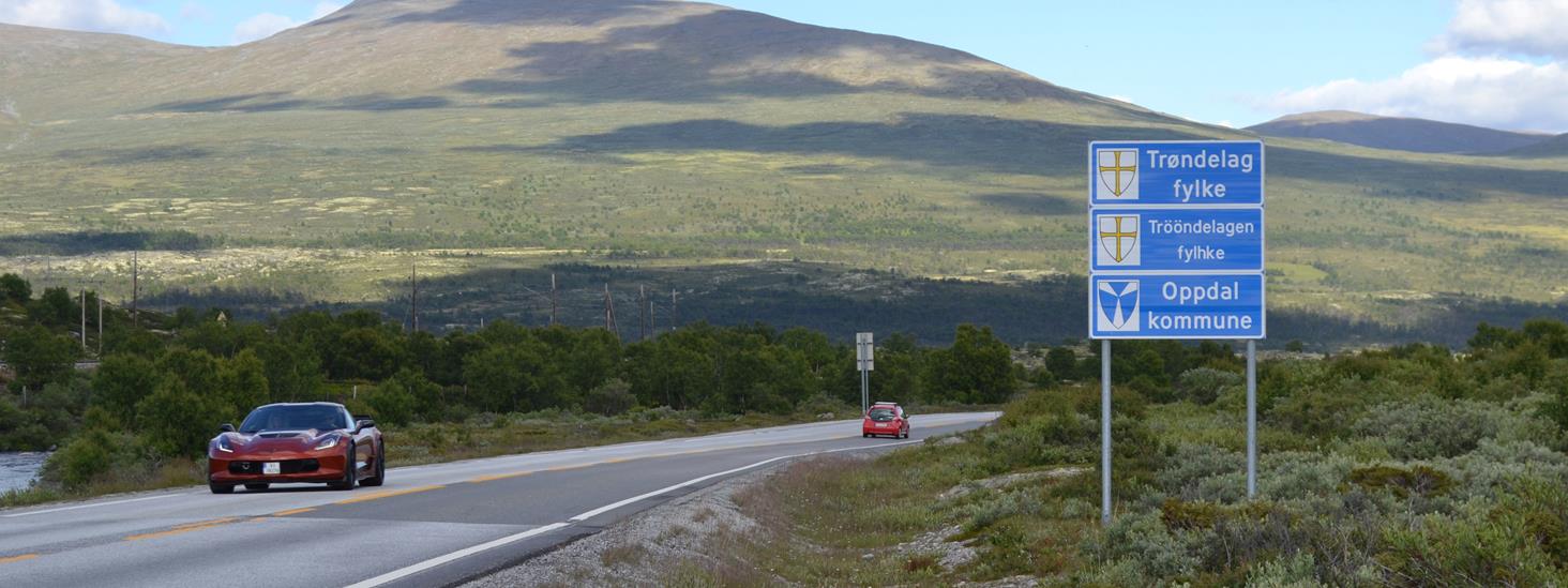 Landskapsbilde fra fjellområde og vegskilt med teksten Trøndelag fylke