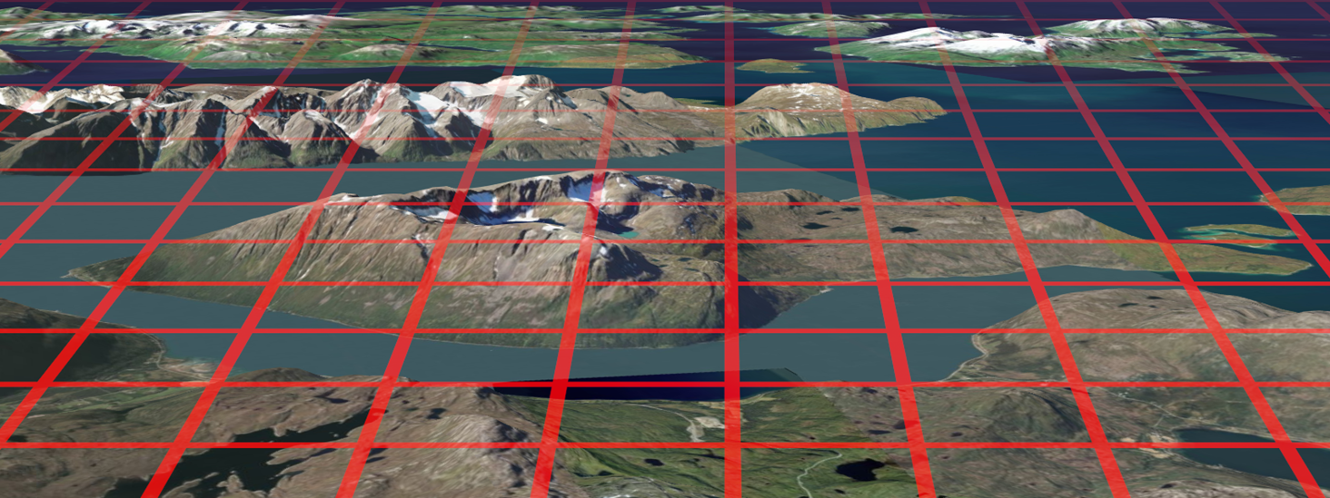 Flyfoto av norsk fjellandskap, fjord og hav med en gridmodell plassert oppå. Fotomontasje.