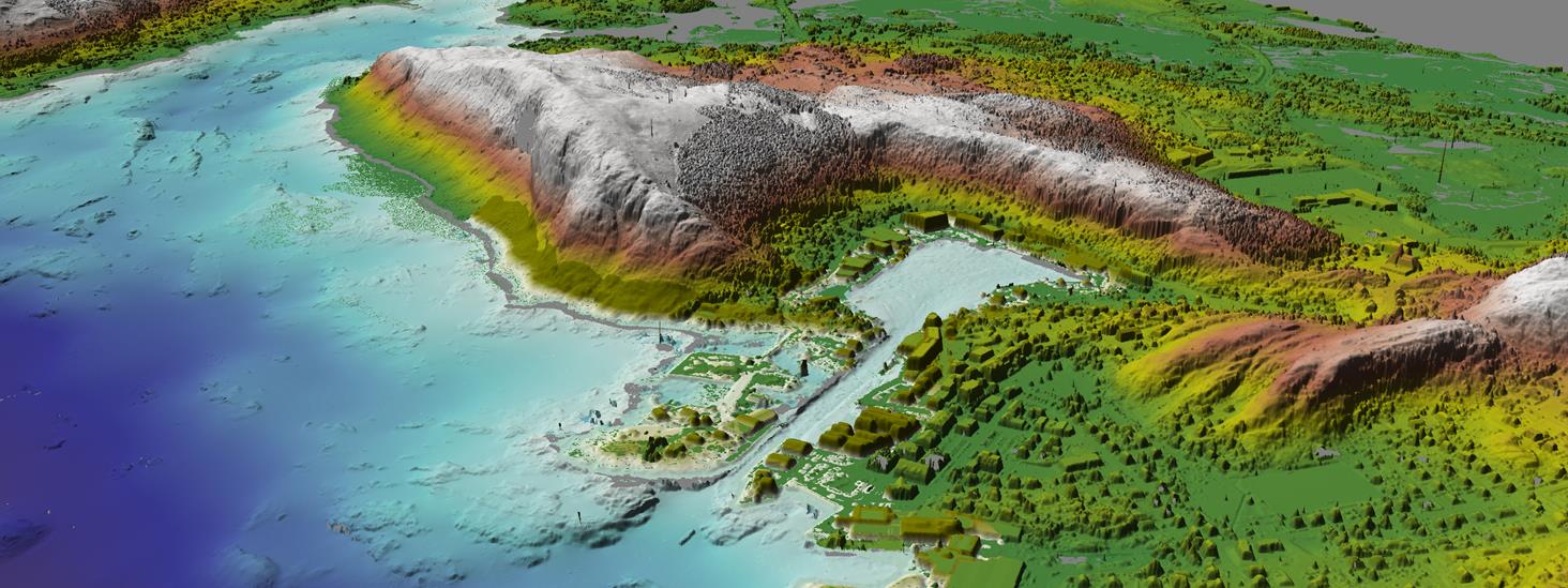 Kystlandskap generert fra høydedata og djupnedata