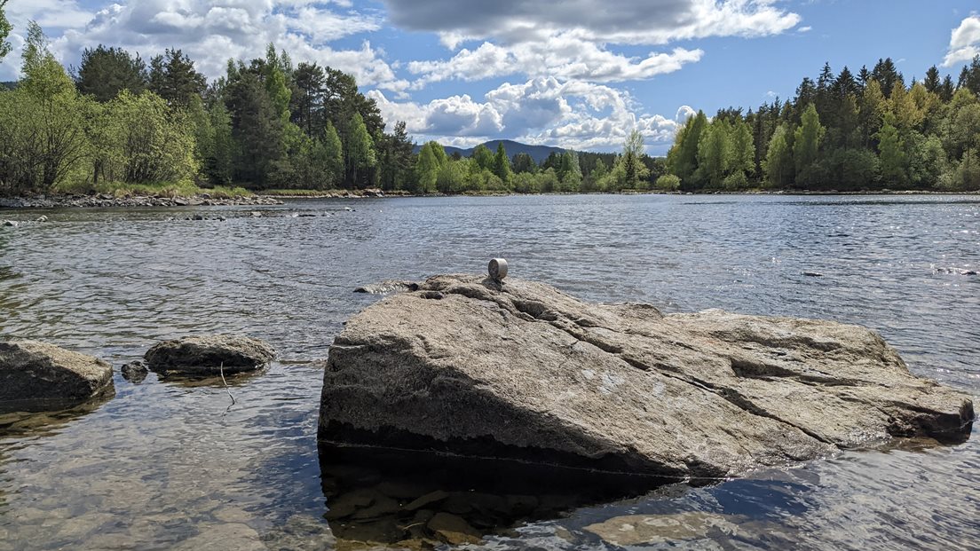 Grensemerke i stein i Drammenselva i Vikersund. Foto: Leikny Gammelmo