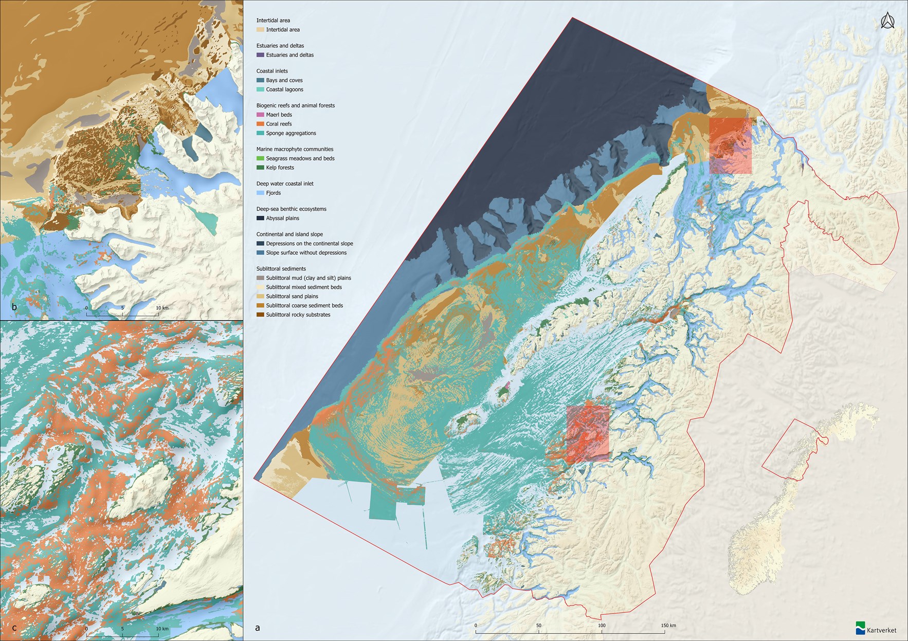 Kart som viser &oslash;kosystemtyper i pilotomr&aring;det, med sm&aring; bukter og overlapp mot svamphager og tareskog