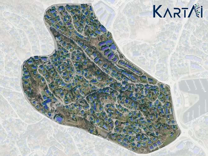 Bilde av tettbygd boligfelt i Kristiansand som viser bygninger funnet ved hjelp av kunstig intelligens.