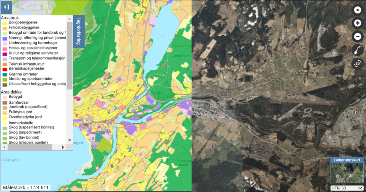 Grunnkart over flybilde fra Voss i Vestland. Grunnkartet sammenfatter informasjon om arealdekke, arealbruk og økosystemer. Her vises bare arealdekke og arealbruk.