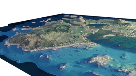 Terrengmodell av Fjøløy og Klosterøy i Stavanger, basert på laserdata fra land og sjø, og fargelagt ved hjelp av flybilder. Kilde: Kartverket