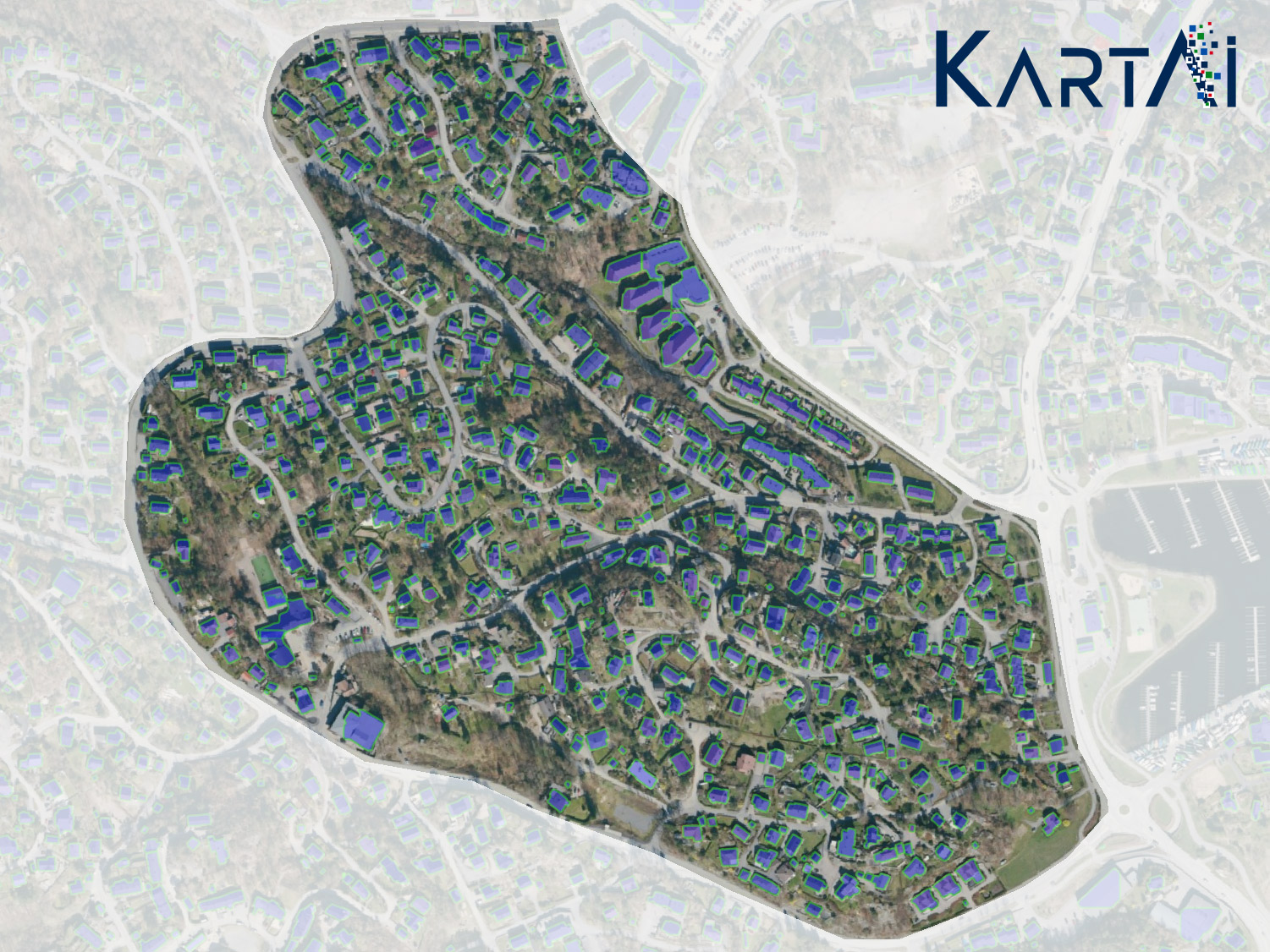 Bilde av tettbygd boligfelt i Kristiansand som viser bygninger funnet ved hjelp av kunstig intelligens.