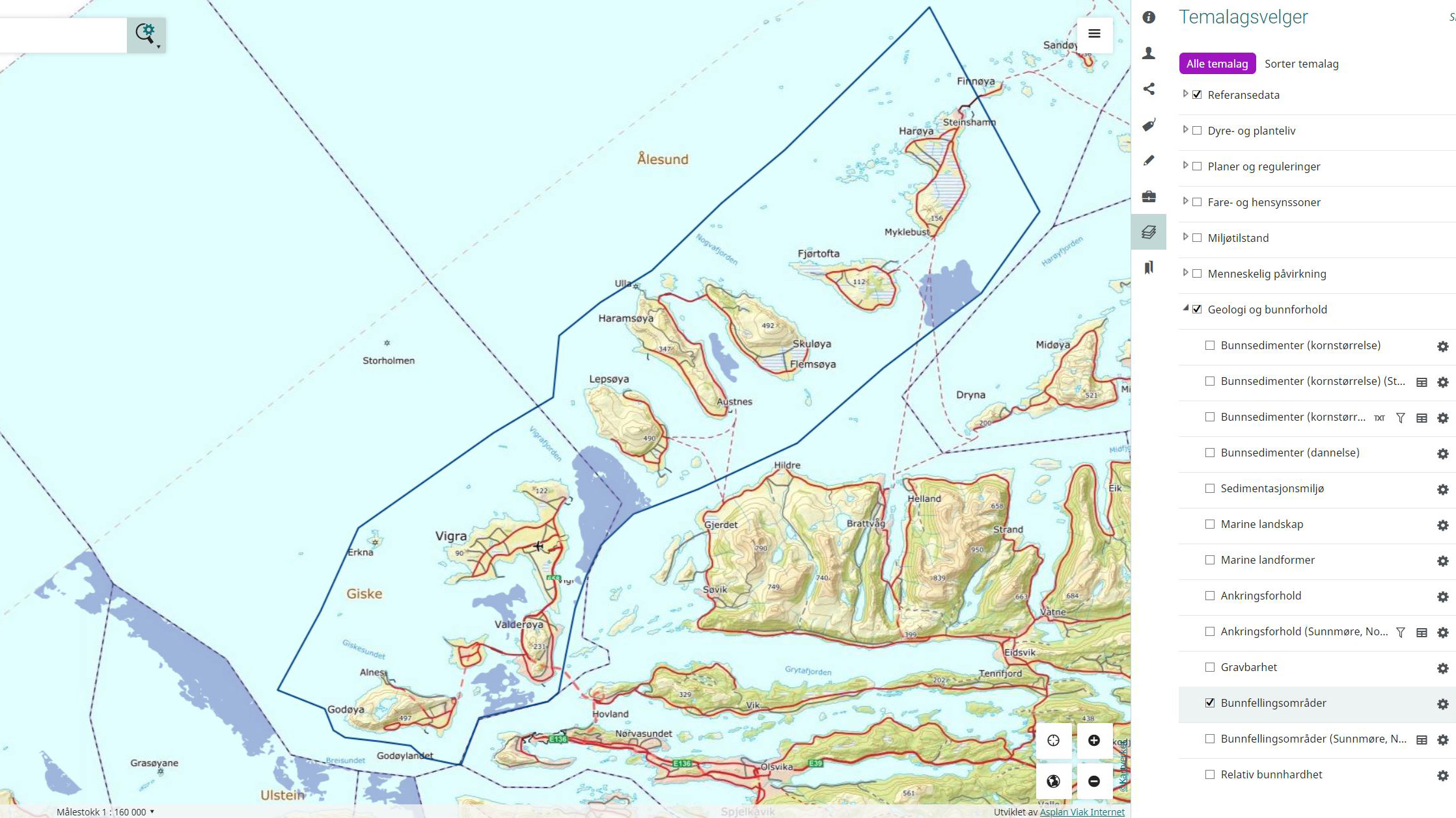 Utsnitt av kartet over bunnfellingsomr&aring;der (bl&aring;fiolett farge) fra &Aring;lesund og Giske.