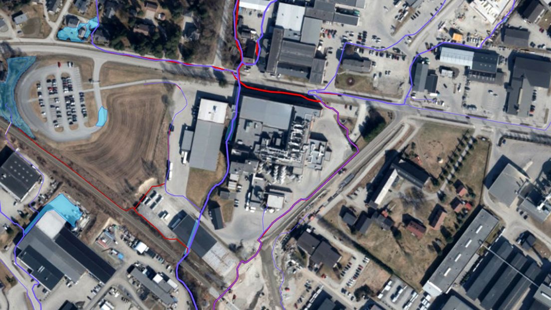 Flyfoto som viser dreneringslinjer i kartet.