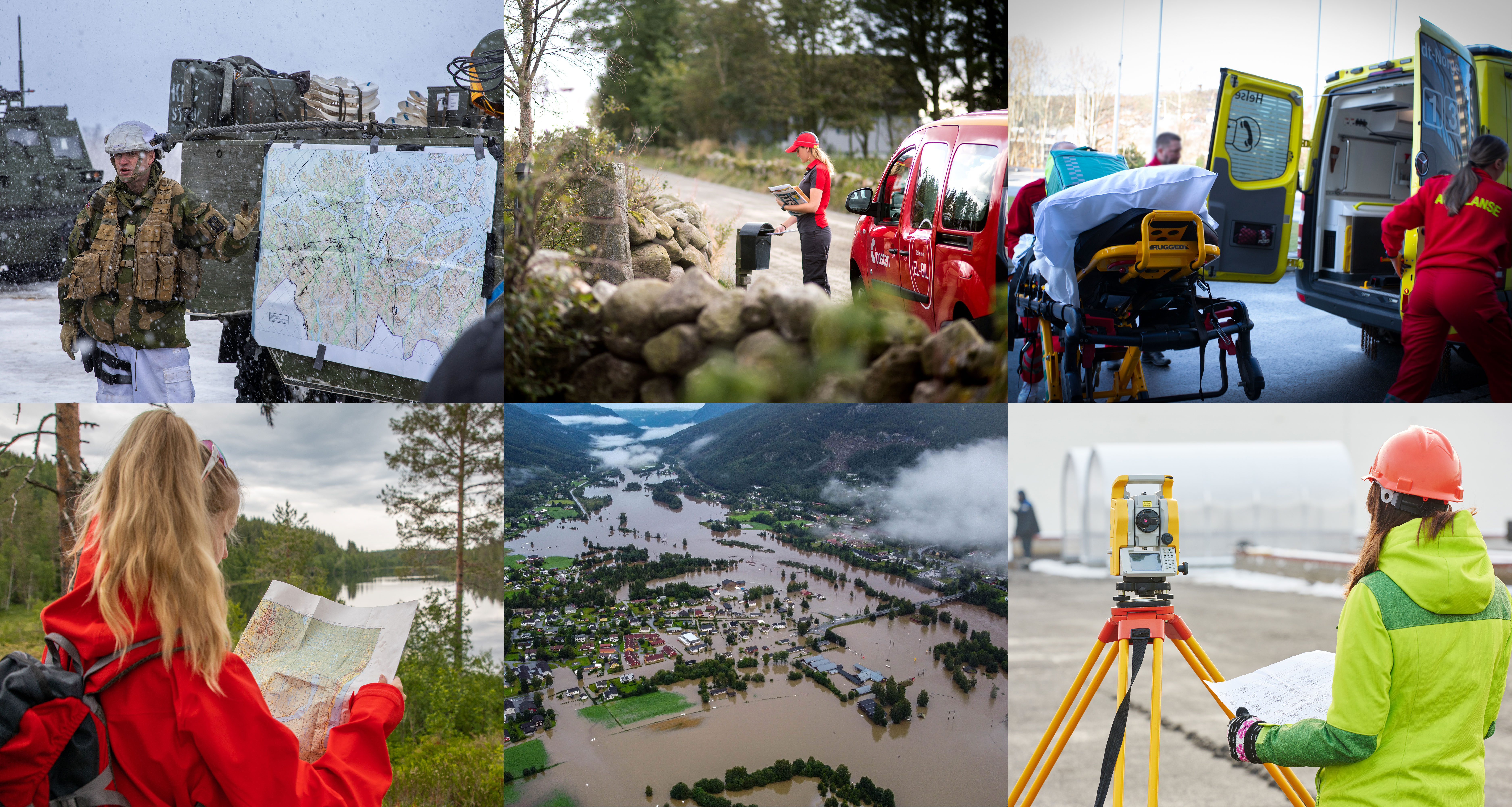 En kollasj av bilder med bruk av kart og kartdata, representert ved en milit&aelig;r&oslash;velse,dronefoto av flom, oppm&aring;lingsarbeid, bruk av turkart, postomb&aelig;ring og ambulansearbeid.