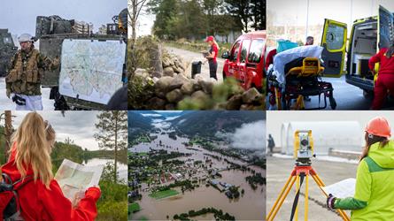 En kollasj av bilder med bruk av kart og kartdata, representert ved en militærøvelse, dronefoto av flom, oppmålingsarbeid, bruk av turkart, postombæring og ambulansearbeid.