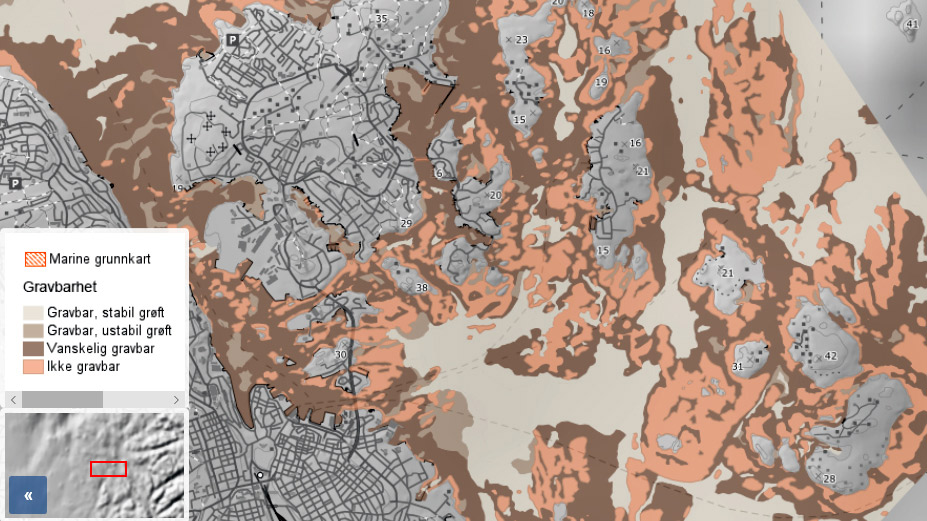 Utsnitt av kartet Gravbarhet med tegnforklaring.