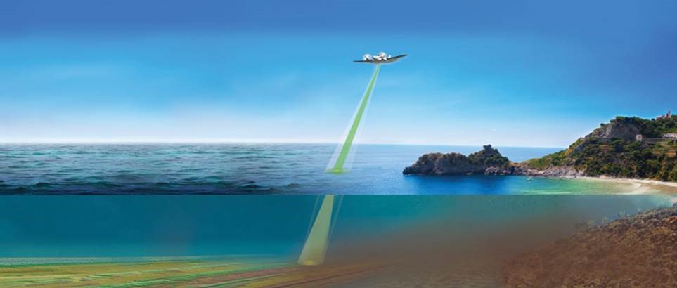 GR&Oslash;N LASER: Slik blir gr&oslash;n laser brukt til &aring; kartlegge sj&oslash;botnen p&aring; grunne omr&aring;de. Illustrasjon: Teledyne Optech