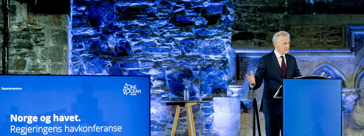 Stasminister Jonas Gahr Støre står ved en blå talerstol og snakker på regjeringens havkonferansen i 2023. Foto: Paul S. Amundsen/Klima- og miljødepartementet
