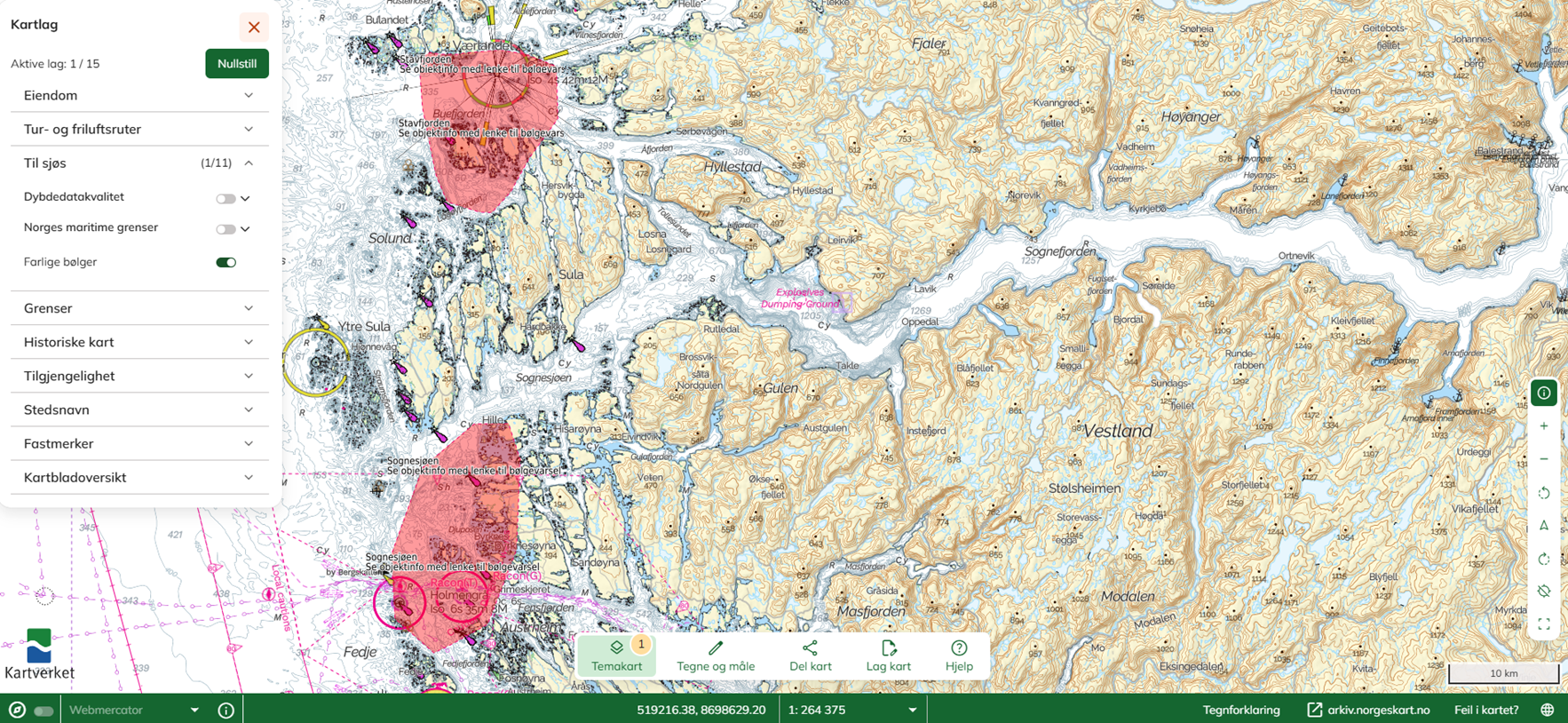 Skjermdump fra norgeskart.no viser temakartlag i tjenesten.