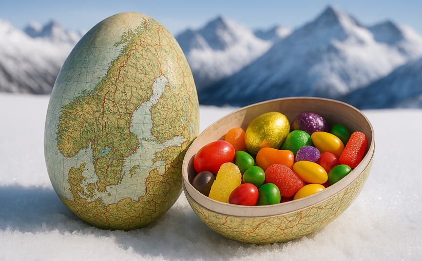 KI-generert påskeegg dekorert med Norgeskart, liggende i snøen foran et vinterlandskap med fjelltopper