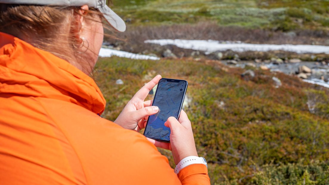 Dame på fjelltur i Jotunheimen ser i turkartet på sin mobil. Foto