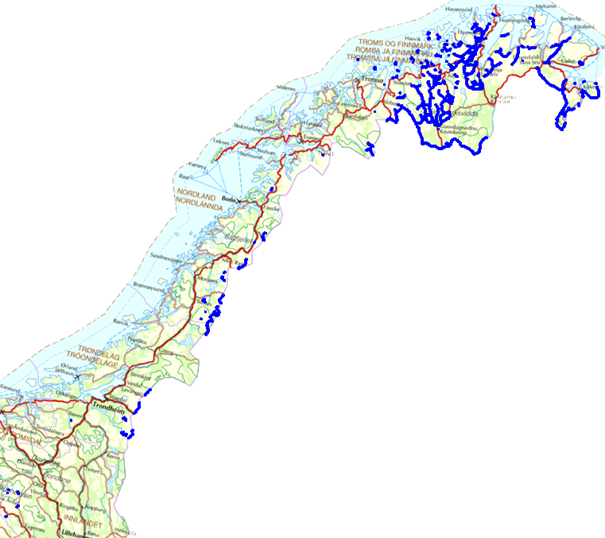 Norgeskart med inntegna reingjerder