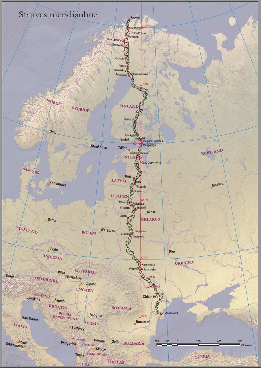 Kart som viser Struves meridianbue. Ill: Kartverket