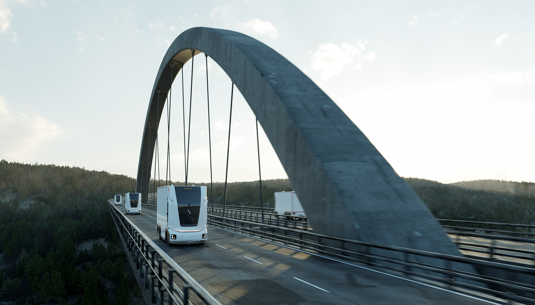 Illustrasjonsfoto fra Einride om førerløs transport, med flere autonome trailere som krysser ei bru.