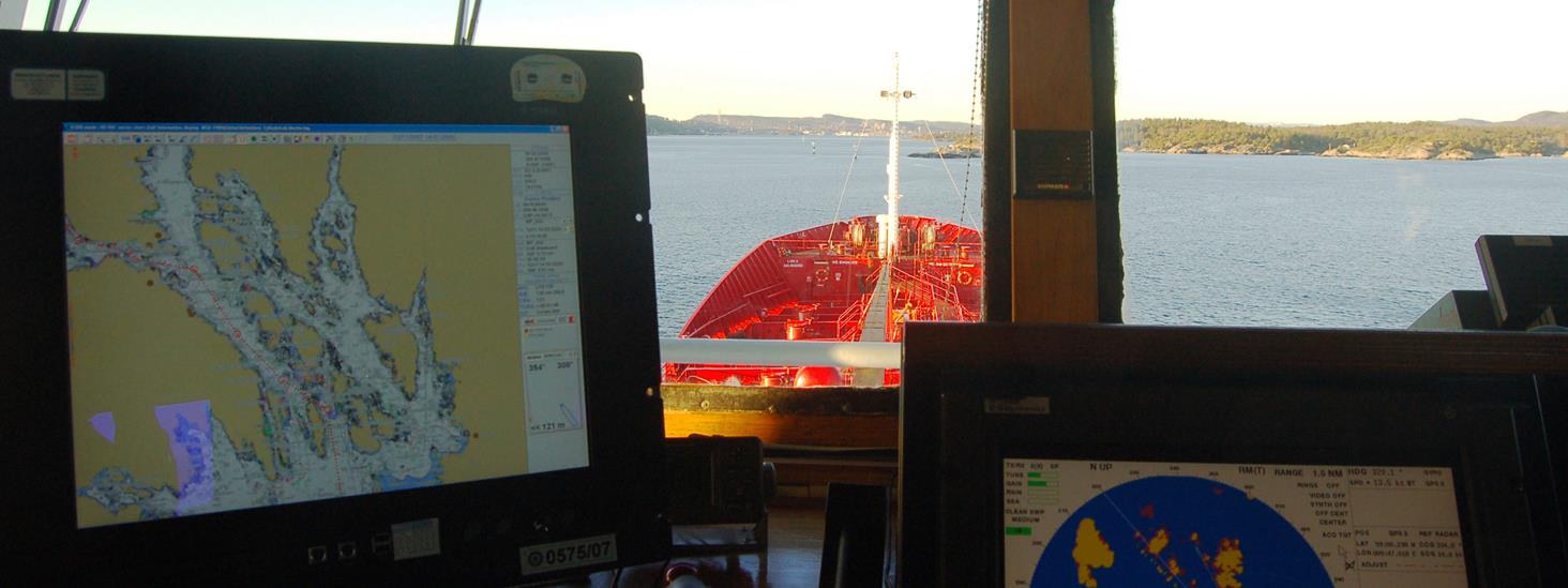 Electronic Navigational Chart shown in an ECDIS on the bridge of a cargo ship. Photo