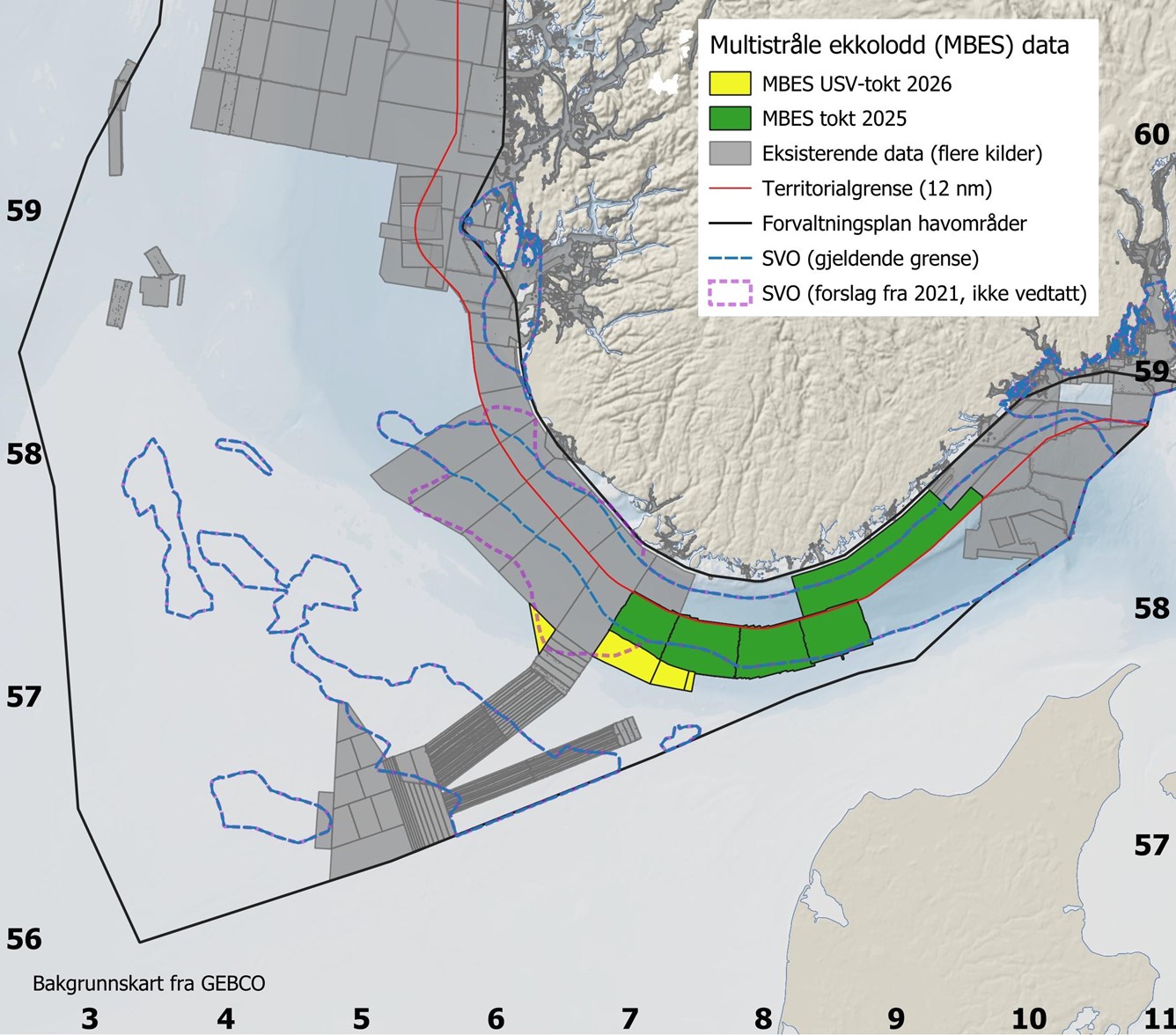 Kart som viser prioriterte m&aring;leomr&aring;der i Nordsj&oslash;en med farger for ulike datatyper og grenser.