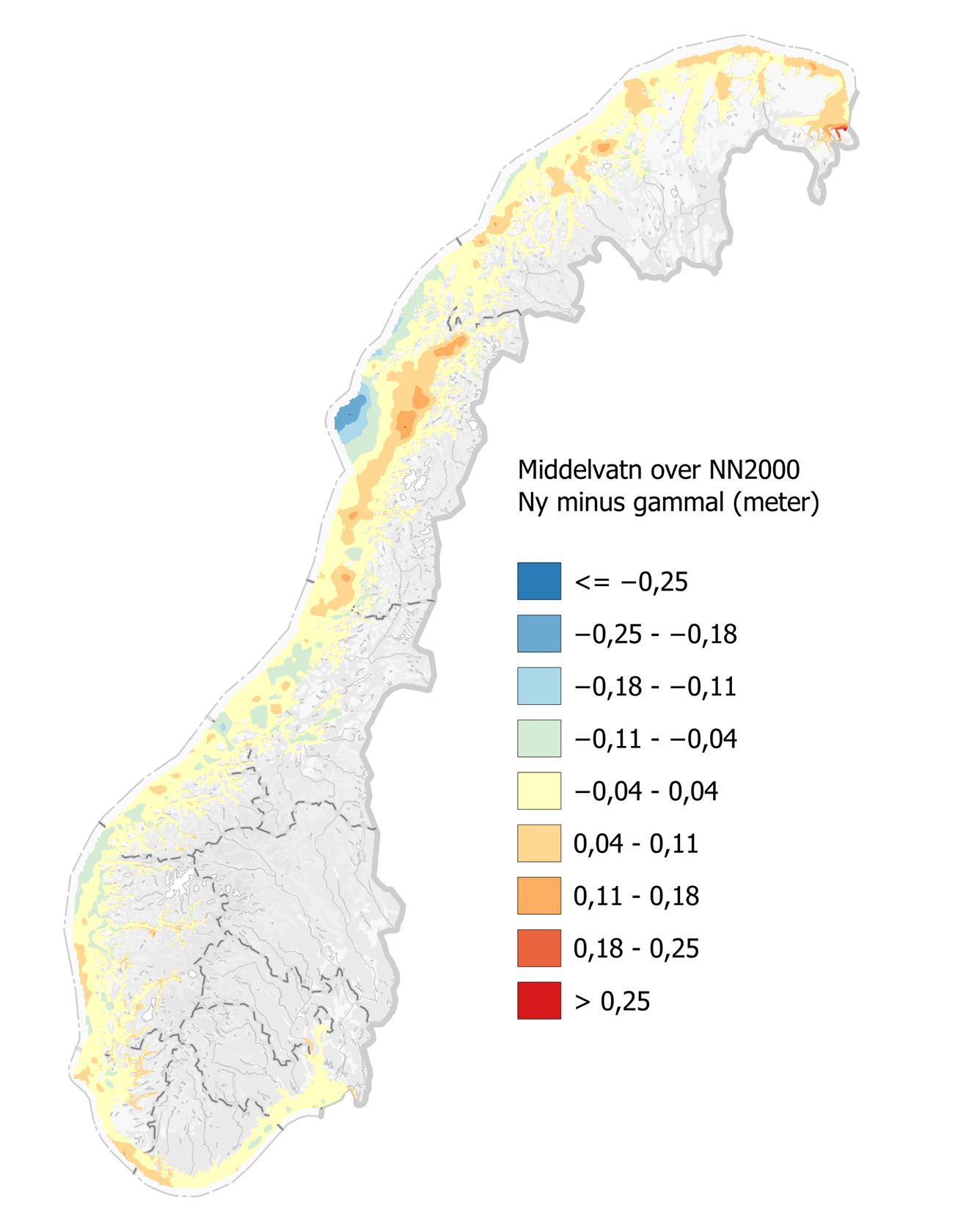 Noregskart med fargar som visar differansen mellom ny og gammal modell for middelvatn relativt NN2000. Kjelde: Kartverket