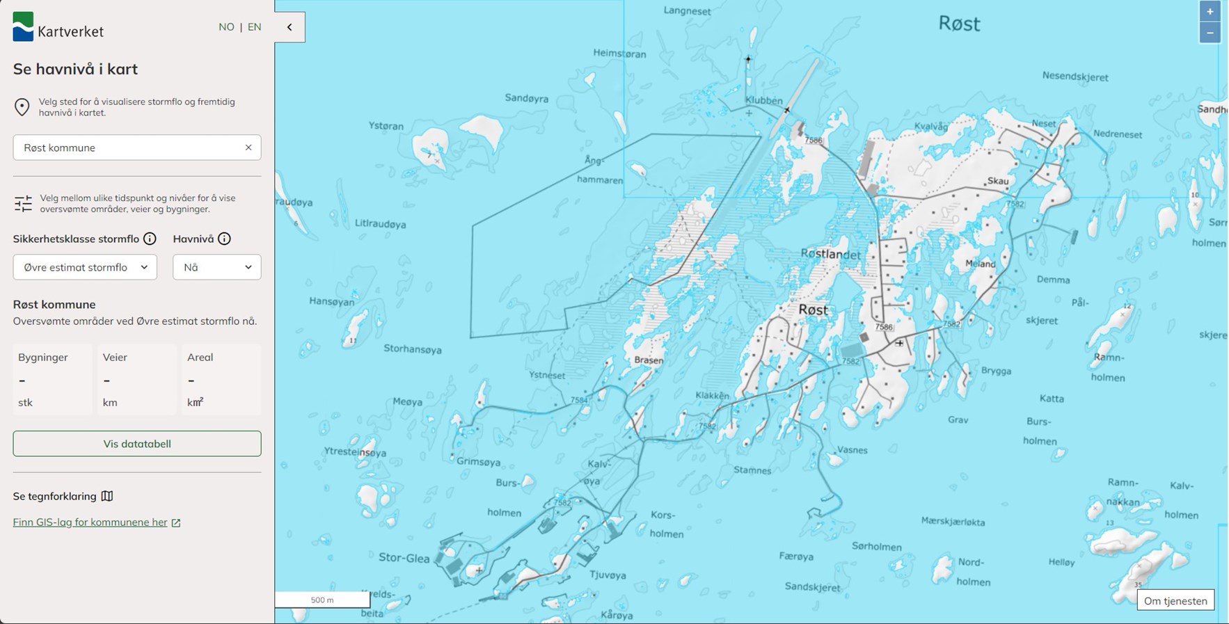 Skjermdump fra karttjenesten Se havnivå i kart viser mulig framtidig oversvømmelse på Røst i Lofoten.