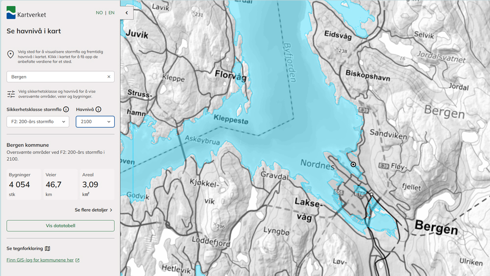 Skjermdump fra kartløsning som viser oversvømte områder i framtida.