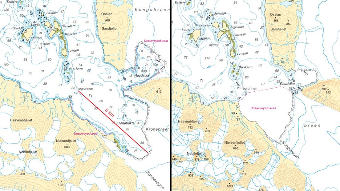 Utsnitt fra sjøkart nr. 522 på Svalbard visualiserer hvor mye Kronebreen har trukket seg tilbake. Kilde: Kartverket