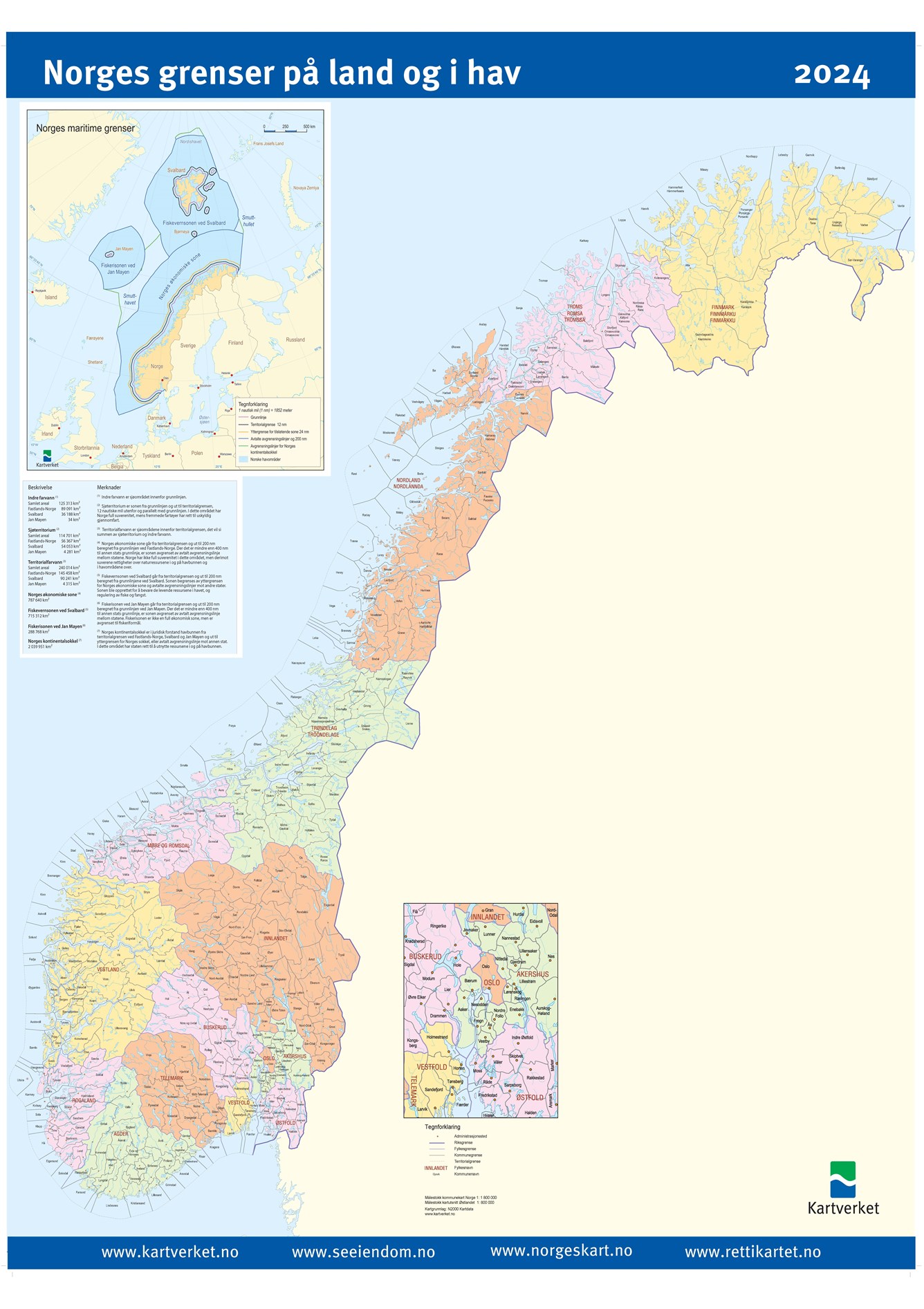 Forvaltningskartet 2024 med Norges grenser og nye kommunegrenser og fylkesgrenser