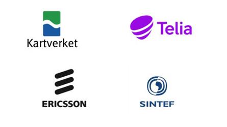 Logoene til Kartverket, Ericsson, Telia og Sintef samlet på hvit bakgrunn.