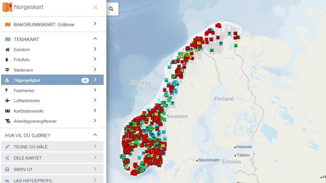 Skjermdump frå Norgeskart som syner tilgjengelegheitsdata.